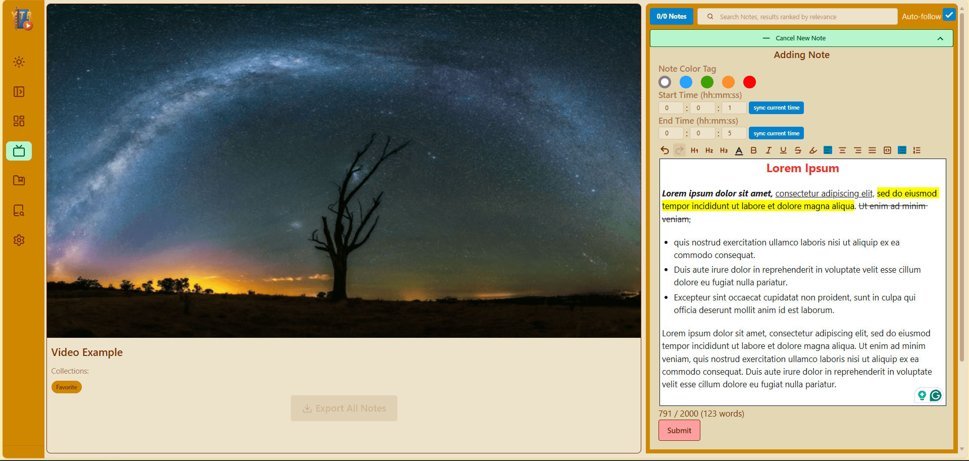 Adding a timestamped, rich-text note next to a playing video
