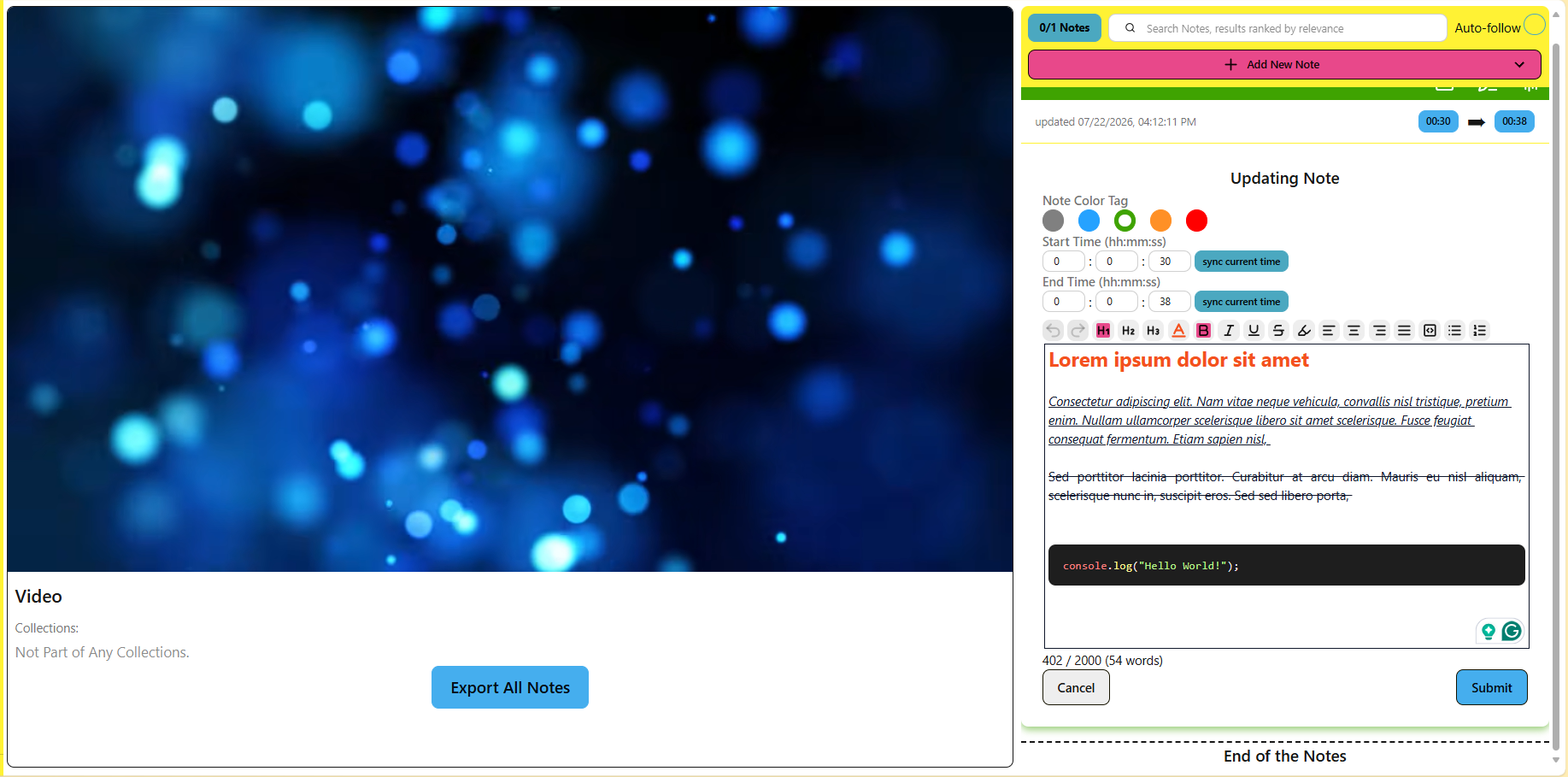 YTB Notebook: a YouTube video playing alongside a timestamped, rich-text note editor
